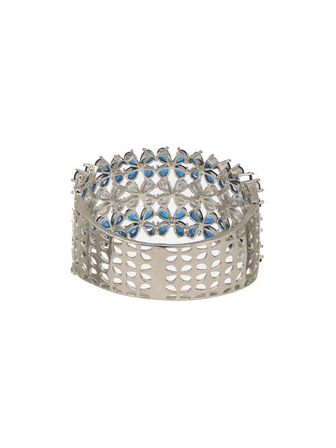 Silver Toned Blue Sapphire AD Studded Designer Bridal Kada Bracelet