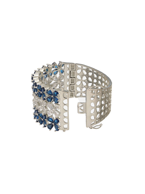 Silver Toned Blue Sapphire AD Studded Designer Bridal Kada Bracelet