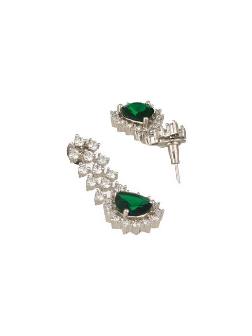 Silver Plated Emerald Green Zircon AD Studded Delicate Partywear Necklace Jewellery Set