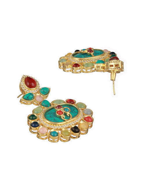 Gold plated Turquoise Blue Nav Ratan Kundan Floral Raanihaar Jewellery Set