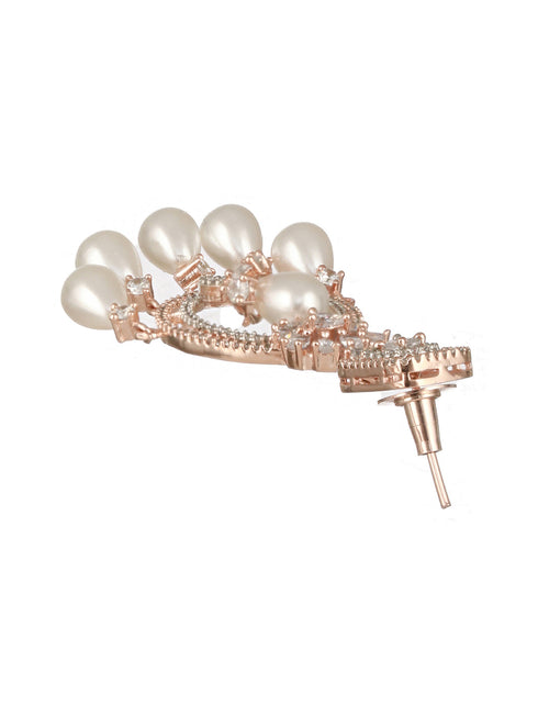 Rose Gold Platedd Zircon Studded Pearl Beaded Luxe Contemporary Chandbali Earrings
