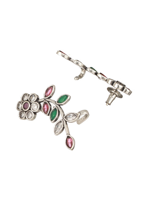 Oxidised Silver Plated Red Stone Studded Floral Ear Cuff Earrings