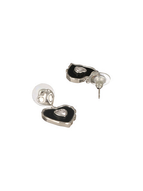Anti-Tarnish Silver Plated Black Enamelled Heart Shaped Minimal Drop Down Studs Earrings