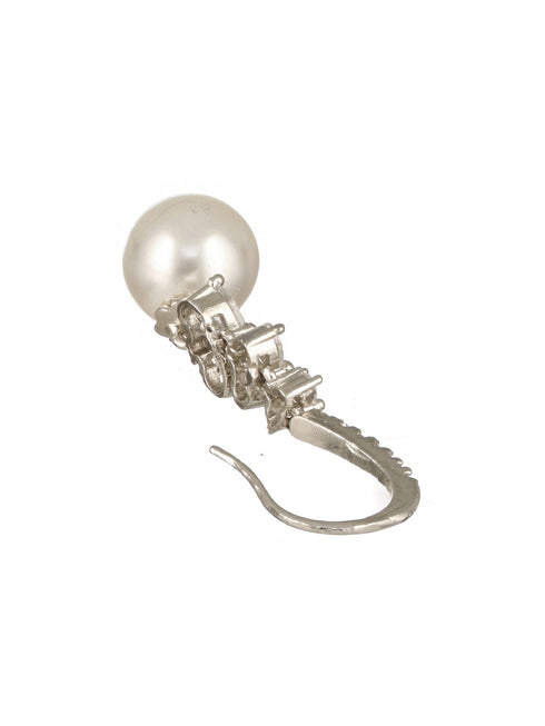 Silver Plated AD Studded Delicate Pearl Hook Earrings