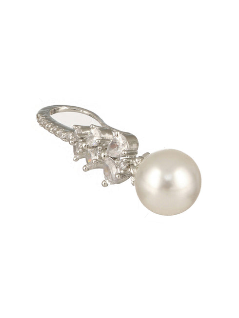 Silver Plated AD Studded Delicate Pearl Hook Earrings