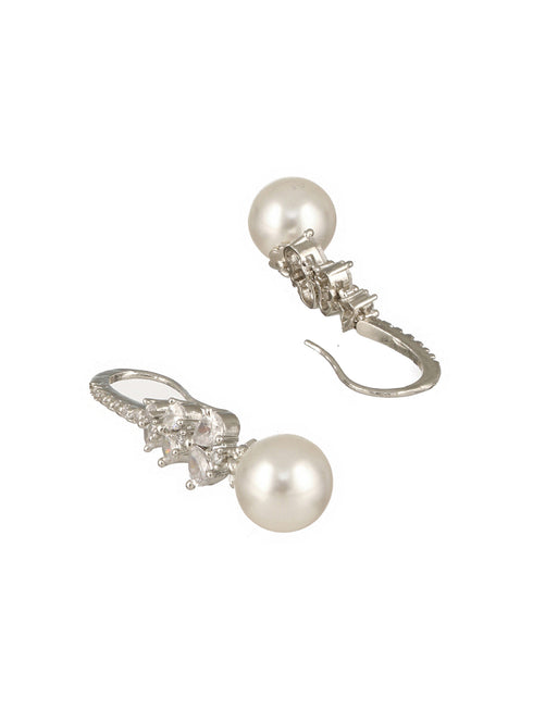 Silver Plated AD Studded Delicate Pearl Hook Earrings