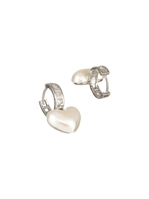 Anti-Tarnish Silver Plated Faux Pearl Studded Heart Shaped Small Minimal Hoop Earrings