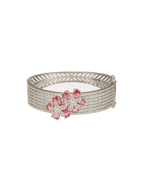 Silver Plated Ruby Red Floral Statement Designer Brooch Kada Bangle Bracelet