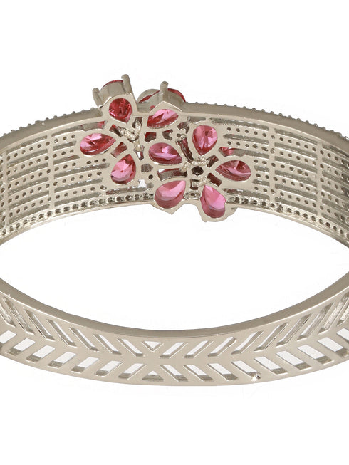 Silver Plated Ruby Red Floral Statement Designer Brooch Kada Bangle Bracelet