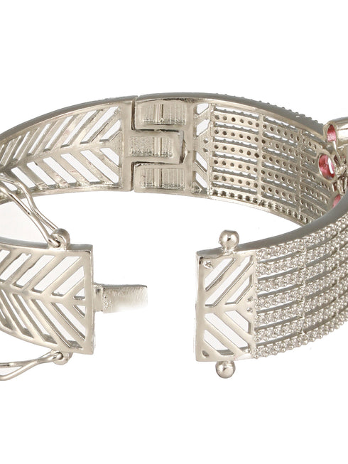 Silver Plated Ruby Red Floral Statement Designer Brooch Kada Bangle Bracelet