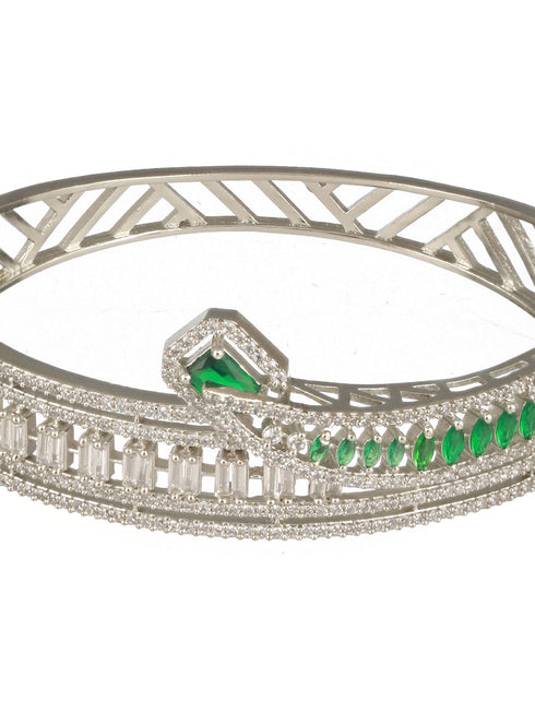 Silver Plated Green AD Studded Contemporary Designer Bridal Kada Bracelet