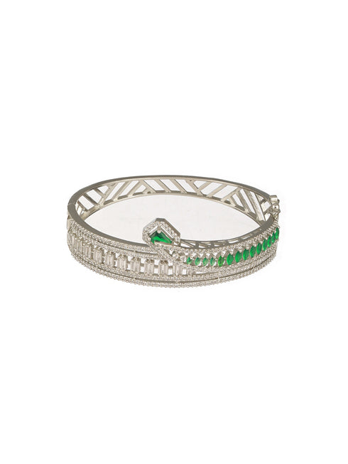 Silver Plated Green AD Studded Contemporary Designer Bridal Kada Bracelet