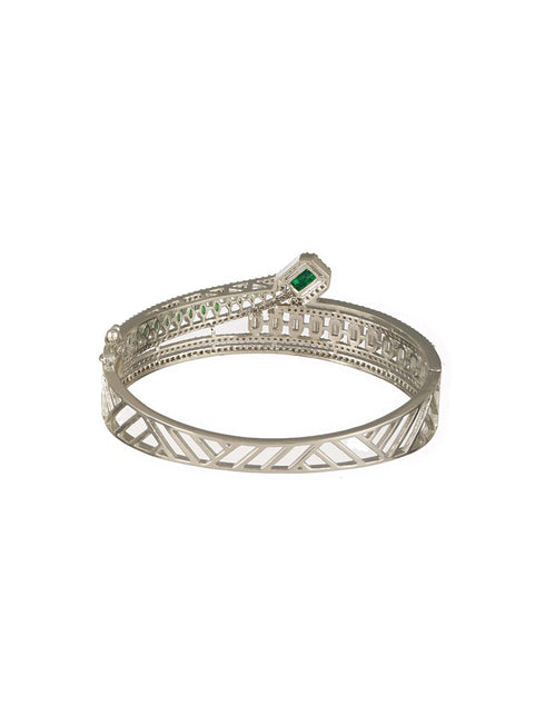 Silver Plated Green AD Studded Contemporary Designer Bridal Kada Bracelet