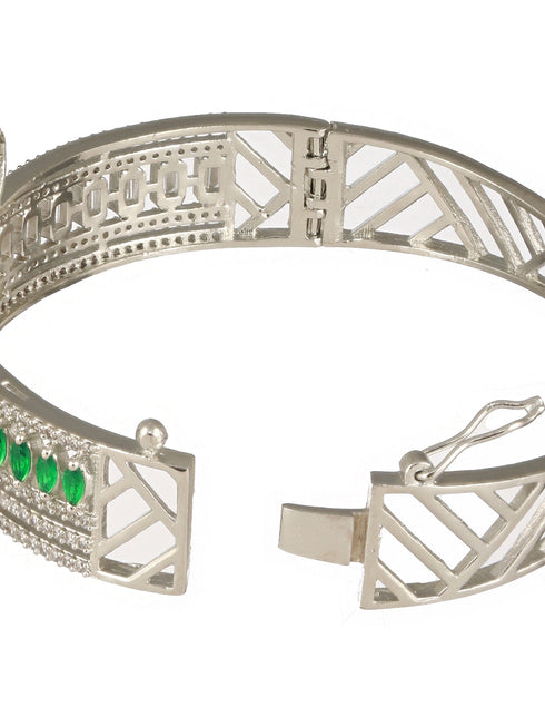 Silver Plated Green AD Studded Contemporary Designer Bridal Kada Bracelet