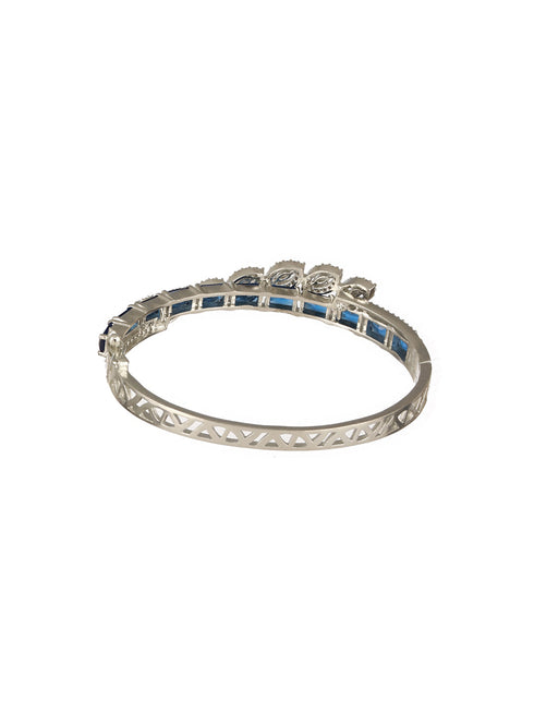 Silver Toned Sapphire Blue AD Studded Elegant Designer Leaf Kada Bangle Bracelet