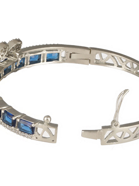Silver Toned Sapphire Blue AD Studded Elegant Designer Leaf Kada Bangle Bracelet