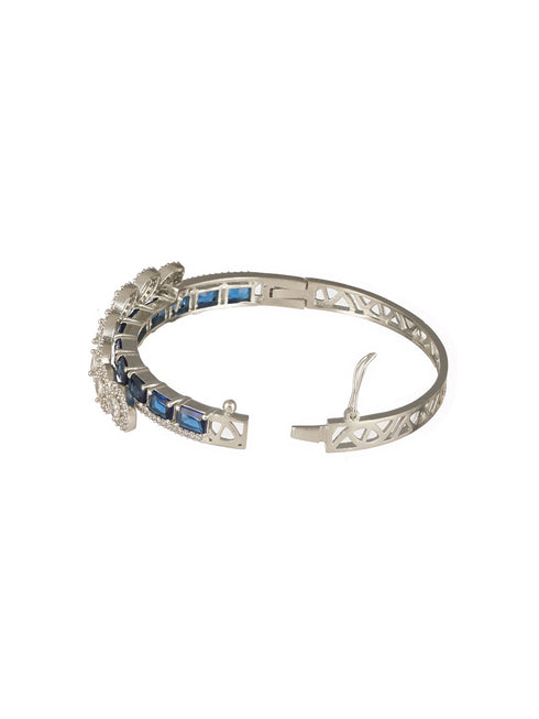 Silver Toned Sapphire Blue AD Studded Elegant Designer Leaf Kada Bangle Bracelet