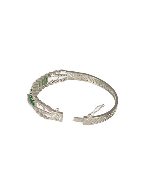 Silver Plated Emerald Green AD Studded Statement Delicate Kada Bracelet