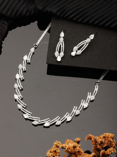 Silver Toned Zircon Studded Leaf Shaped Delicate Designer Necklace jewellerySet