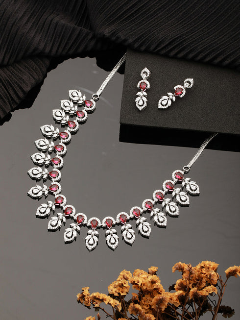 Silver Plated Ruby Red AD Studded Elegant Floral Designer Delicate Choker Jewellery Set