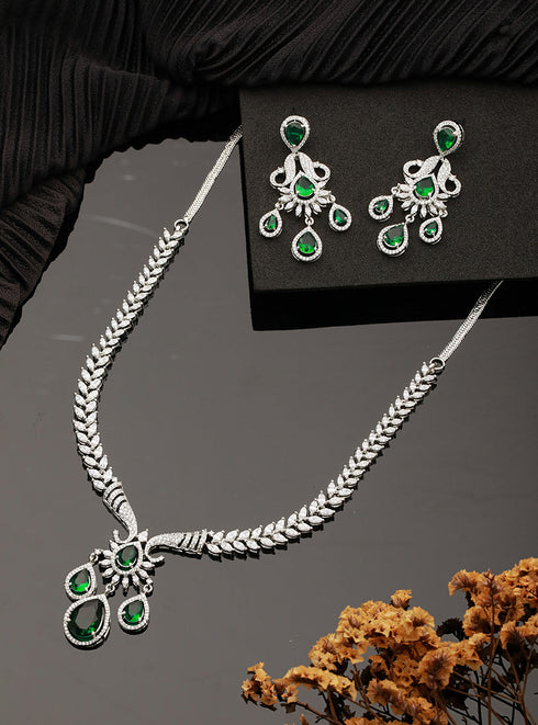 Silver Plated Emerald Green AD Studded Luxe Designer Floral Pendant Jewellery Set