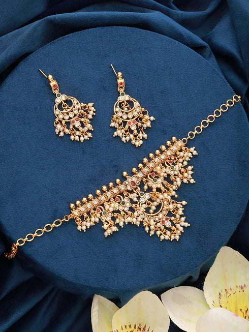 Gold Plated Kemp Stones Pearl beaded Chandbali Pendant Style Choker Jewellery Set