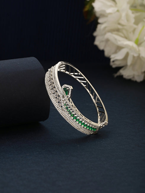 Silver Plated Green AD Studded Contemporary Designer Bridal Kada Bracelet