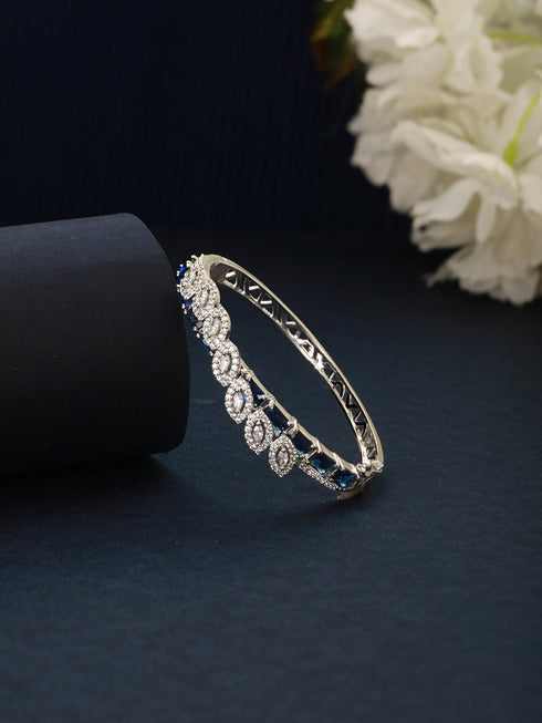 Silver Toned Sapphire Blue AD Studded Elegant Designer Leaf Kada Bangle Bracelet