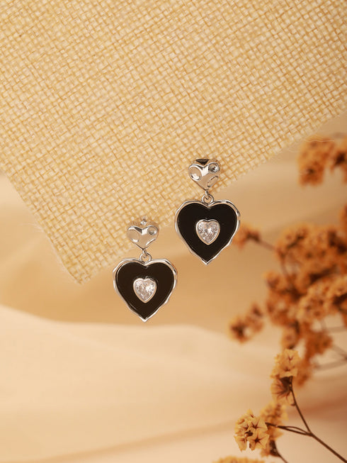 Anti-Tarnish Silver Plated Black Enamelled Heart Shaped Minimal Drop Down Studs Earrings