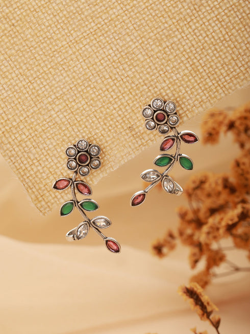 Oxidised Silver Plated Red Stone Studded Floral Ear Cuff Earrings