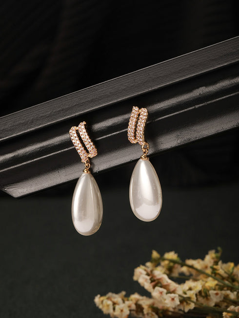 Gold Plated Tear Drop Pearl Studded Luxe Minimal Drop Earrings