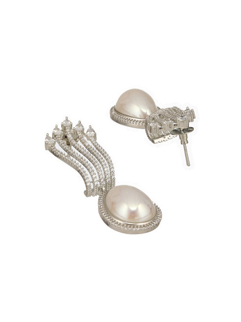 Silver Plated AD Studded & Pearl Contemporary Hoop Bali Earrings