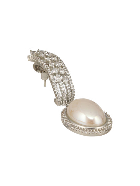 Silver Plated Zircon Studded Pearl Beaded Designer Dangler Hoop Bali Earrings