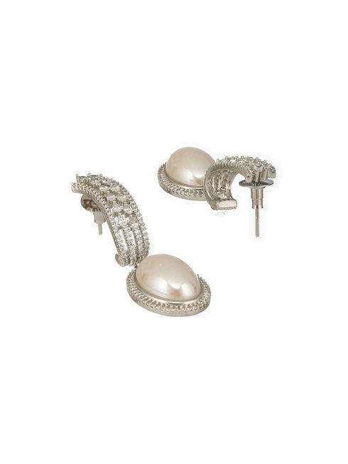 Silver Plated Zircon Studded Pearl Beaded Designer Dangler Hoop Bali Earrings