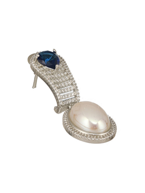 Silver Plated Blue AD Studded & Pearl Contemporary Hoop Bali Earrings
