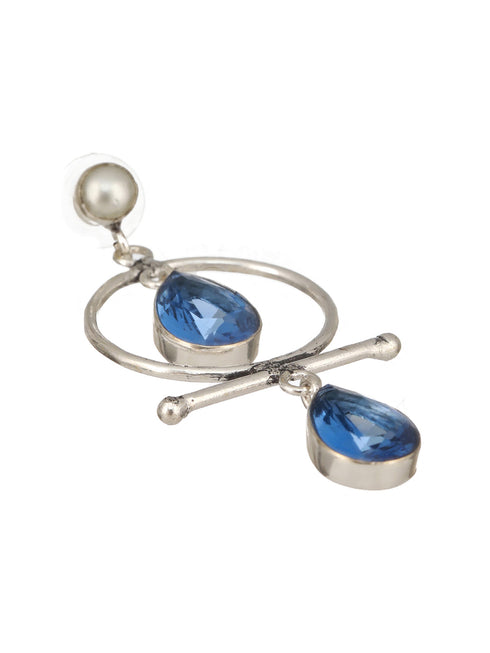 Silver Oxidised Plted Blue Stone AD Minimal T-Shaped Hoop Earrings