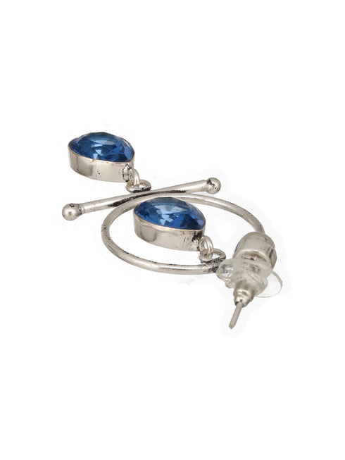 Silver Oxidised Plted Blue Stone AD Minimal T-Shaped Hoop Earrings