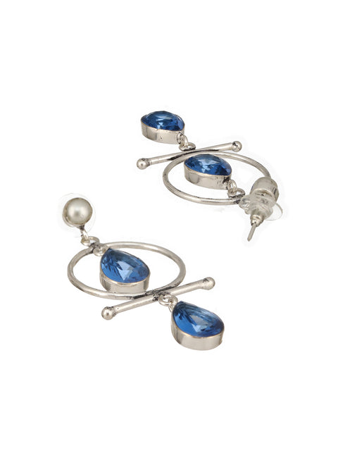 Silver Oxidised Plted Blue Stone AD Minimal T-Shaped Hoop Earrings
