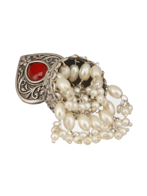 Silver Toned Oxidised Red Ruby AD Studded Handcrafted Contemporary Jhumkas Earrings