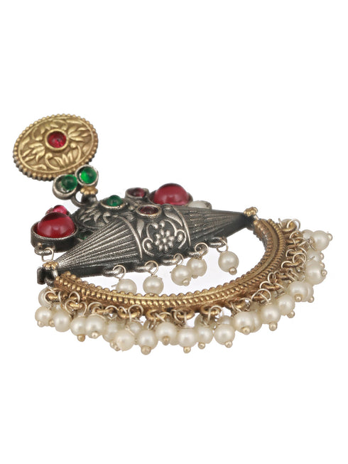 Dual Toned Red Stones Studded & Pearl Beaded Handcrafted Designer Light Weight Chandbali Dangler earrings