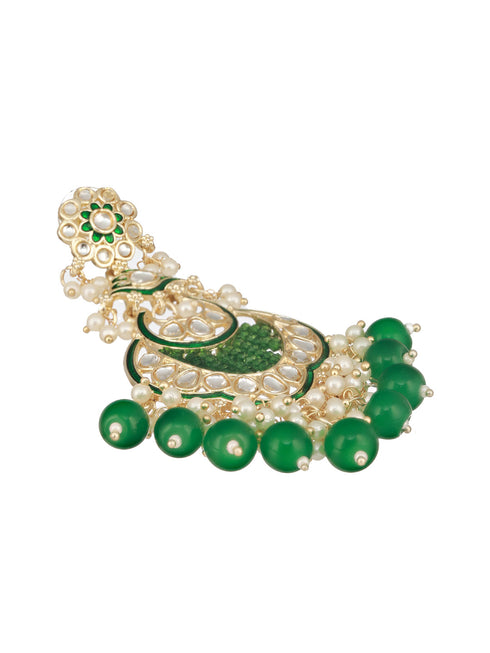 Gold Toned Kundan & Emerald Green Pearl Beaded Handcrafted Chandbali Earrings