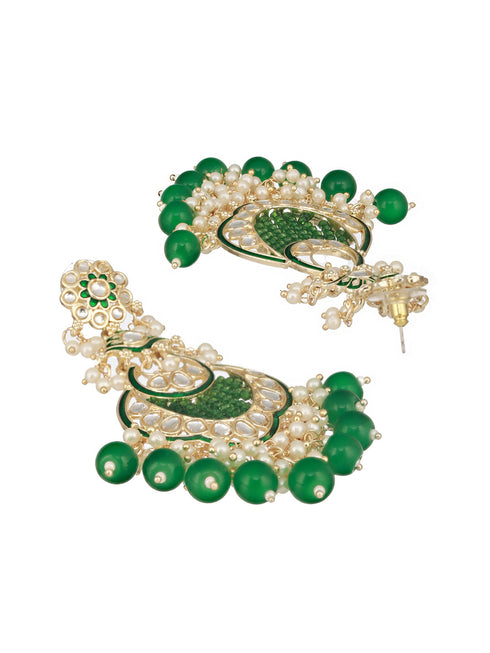 Gold Toned Kundan & Emerald Green Pearl Beaded Handcrafted Chandbali Earrings