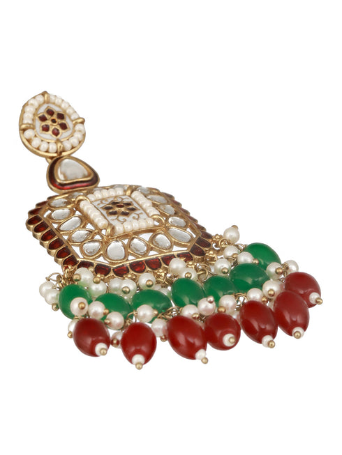 Gold Toned Red Kundan & Green Pearl Beaded Geometric Designer Dangler Chandbali earrings