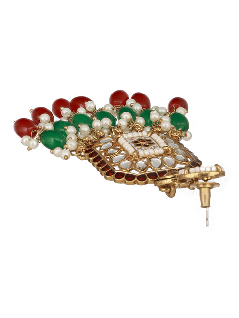 Gold Toned Red Kundan & Green Pearl Beaded Geometric Designer Dangler Chandbali earrings