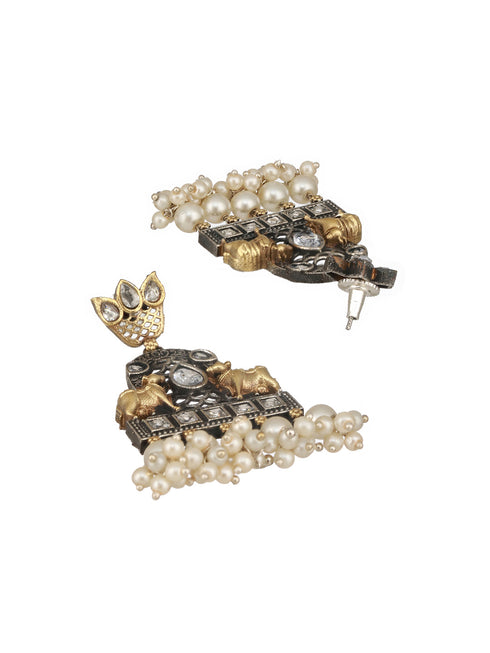 Dual Toned Oxidised Silver Lookalike Pearl Beaded Hasli Deer Motif Designer Jewellery Set