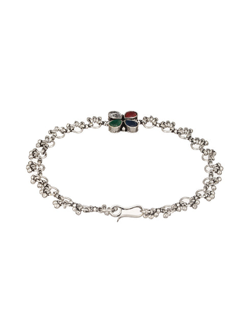 Silver Plated Multicoloured Stone Studded Delicate Floral Payal Anklet