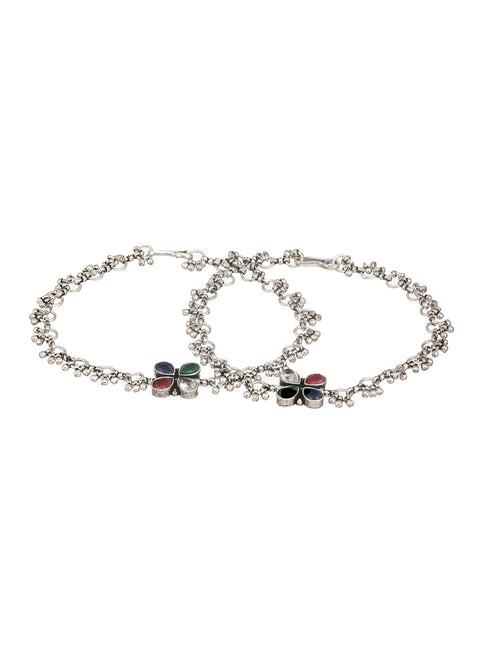 Silver Plated Multicoloured Stone Studded Delicate Floral Payal Anklet