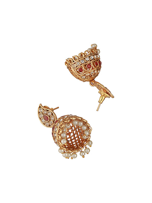 Gold Plated Red Zircon & Pearl Beaded Floral Pipe Pendant Jewellery Set With Jhumka