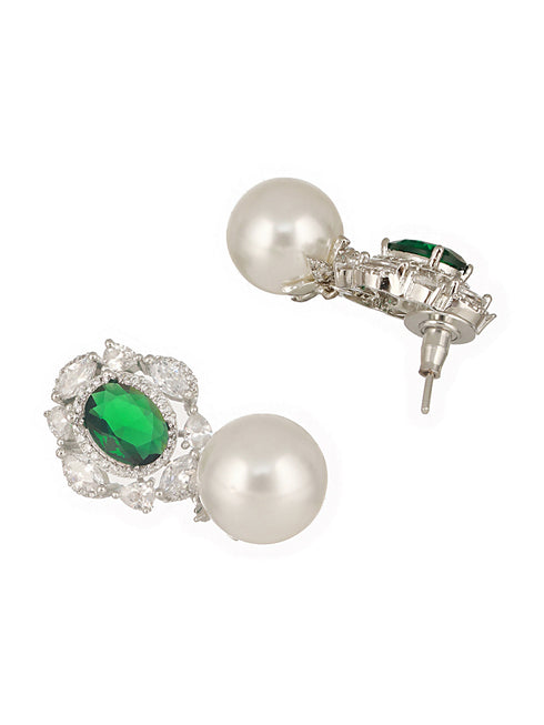 Silver Plated Emerald Green AD Studded Pearl Beaded Luxe Studds Earring