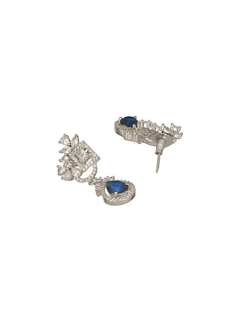 Silver Toned Blue AD Studded Luxe Quirky Drop Earrings